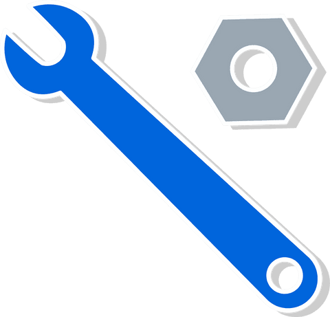 Blue wrench and gray nut icon on transparent background
