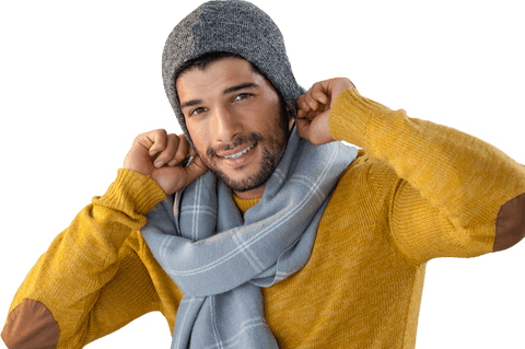 Transparent Smiling Man Adjusting Beanie with Scarf
