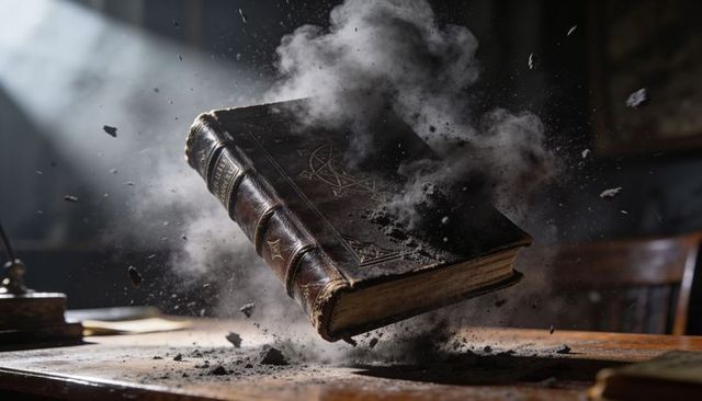 Levitating embossed leather book releasing dust and frayed pages backlit over wooden desk