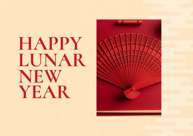 Composition of happy lunar new year text over decorations on beige background. Chinese new year, tradition and celebration concept digitally generated image.