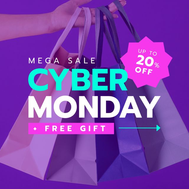 Composition of cyber monday text over hand holding shopping bags on purple background. Cyber monday, shopping and sale concept digitally generated image.