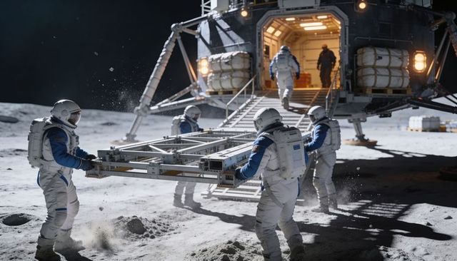 Astronauts Hauling Cargo Pallet Toward Lunar Lander Under Moonlight on Moon Surface