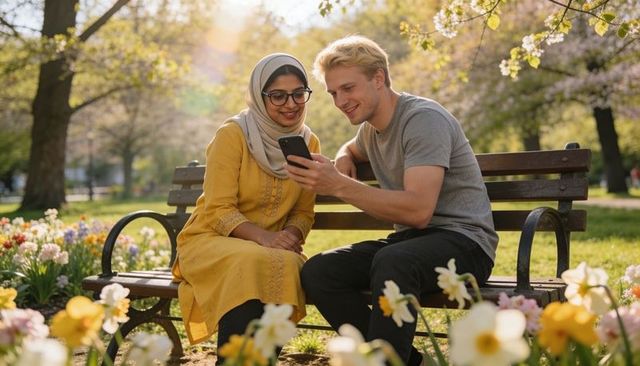 Young couple sharing smartphone on park bench amid spring daffodils, muslim woman in hijab
