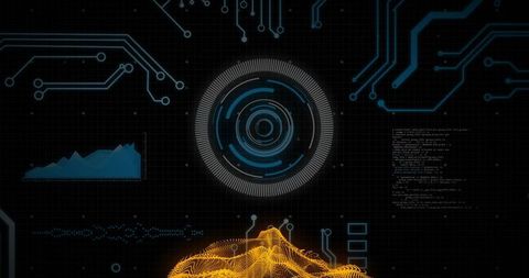 Futuristic hud interface with rotating central scanner and orange wireframe terrain data