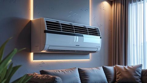 Modern ductless air conditioner with led in minimalist living room