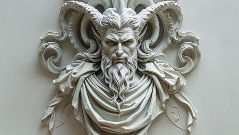 Intricate mythological satan statue with ram horns and flowing drapery details