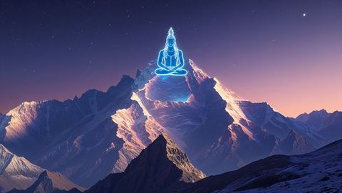 Neon Meditation Figure Hovering Above Serene Mountains at Twilight