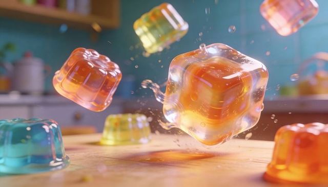 Floating translucent gelatin cubes splashing vibrant droplets over wooden cutting board