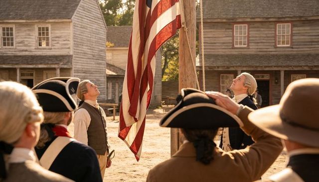 Colonial militia raising early american flag in town square at golden morning light