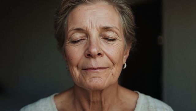 Calm senior woman resting with eyes closed in soft light intimate portrait of aging grace