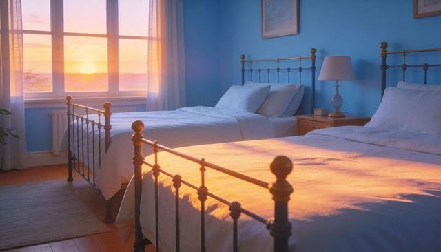 Sunrise bathing twin iron beds in coastal blue bedroom with white duvets and warm glow