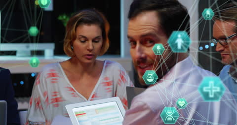 Team Collaborating on Digital Project Amidst Network Visualization