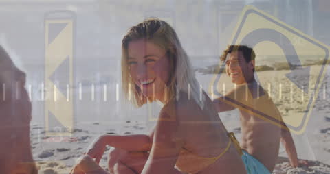 Digital Financial Overlay on Smiling Beach Couple