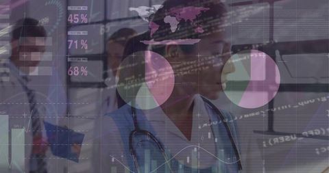 Nurse walking hospital corridor checking monitors with digital health analytics overlays