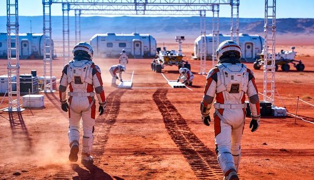 Crew walking across martian base with rovers and habitats on red desert outpost expedition