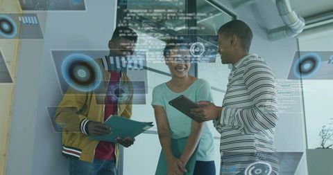 Futuristic Office Collaboration Analyzing Holographic Data