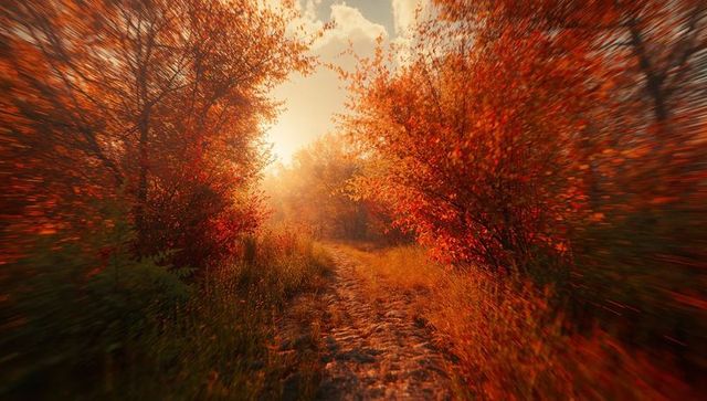 Sunlit autumn woodland path with vibrant foliage