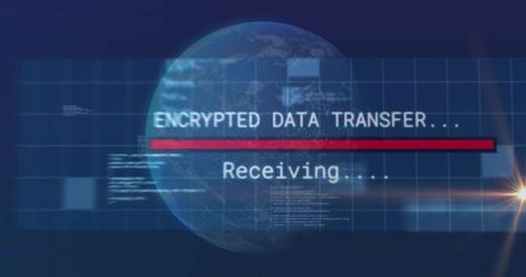 Encrypted Data Transfer HUD Globe with Red Progress Bar, Cybersecurity Interface