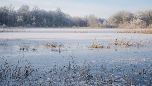 Frost-coated winter wetland with frozen reed beds and thin snow dusting over icy marsh