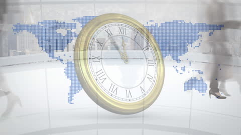 Animated Clock Overlaying World Map Illustrating Global Business Time Management