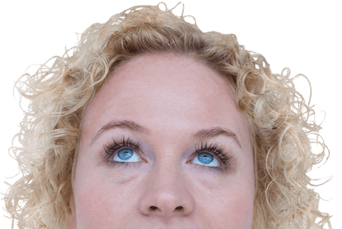 Woman with curly blonde hair looking up transparent background