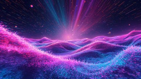 Vibrant Neon Particle Dunes on Alien Planet Surface