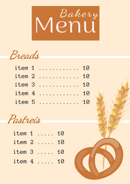 Illustrative bakery menu template featuring artistic drawings of pretzels and wheat. This template provides sections for listing various bread and pastry items along with their prices. Perfect for bakers, cafes, and restaurants to customize and display their menu options. Ideal for use in marketing materials, promotional graphics, and digital or printed display in bakery establishments.