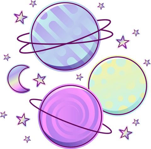 Whimsical pastel planets with stars on transparent background