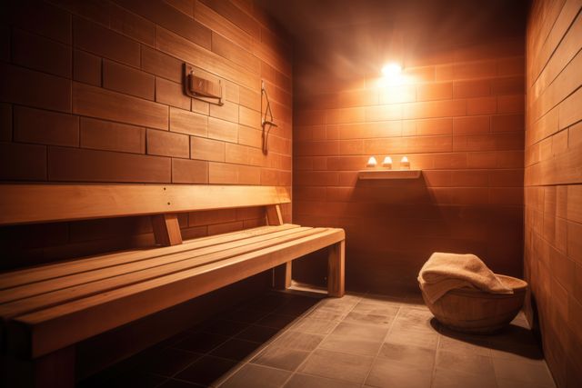 Interior of wooden sauna with bench and accessories, created using generative ai technology. Sauna, relaxation and self care concept digitally generated image.