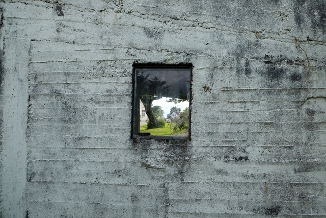 Single small window in an old cracked concrete wall offering a glimpse of greenery and nature outside. Useful for graphic design, architectural studies, urban decay projects, texture showcases, and concepts of contrast between built and natural environments.