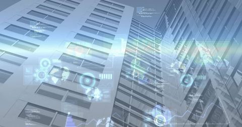 Futuristic hud overlays on glass skyscraper facades reflecting smart city data