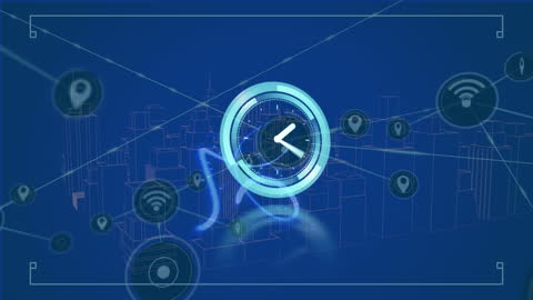 Futuristic Clock Overlay on Digital 3D Cityscape