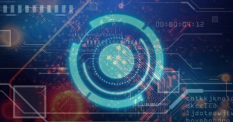 Pulsing Teal HUD Rings Emitting Neon Glow Over Futuristic Circuit Data Interface