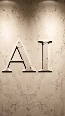 Vertical reveal of carved AI letters on marble lobby wall with spotlighted serif branding