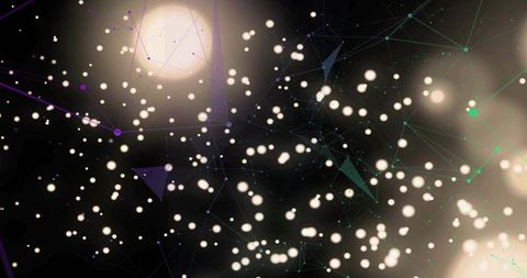 Glowing particle network forming neon orbs, nodes and mesh with teal and purple glow