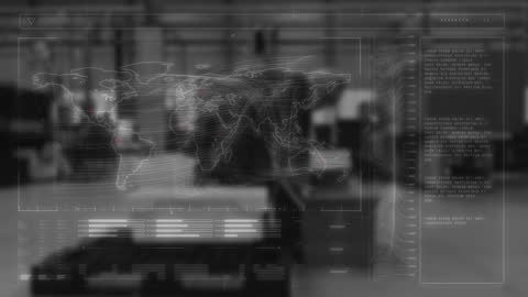 Futuristic Digital Interface Displaying World Map in Industrial Warehouse