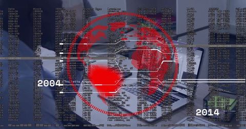 Red Digital Globe Overlay on Office Workspace with Data Analytics Timeline 2004–2014