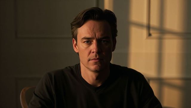 Contemplative man sitting in dim interior with warm window light casting dramatic shadows