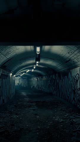 Vertical video tilting through graffiti-covered underpass with flickering tube lights