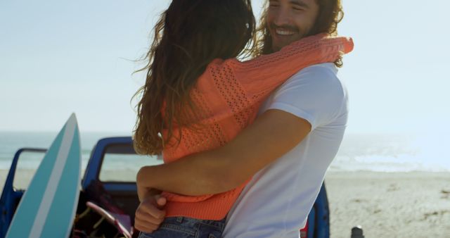 Couple Embracing Near Beach Next to Car with Surfboards - Download Free Stock Images Pikwizard.com