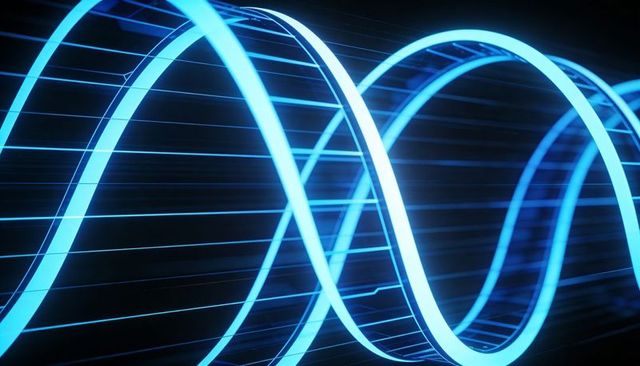 Glowing neon blue wave ribbons creating futuristic 3d light bands