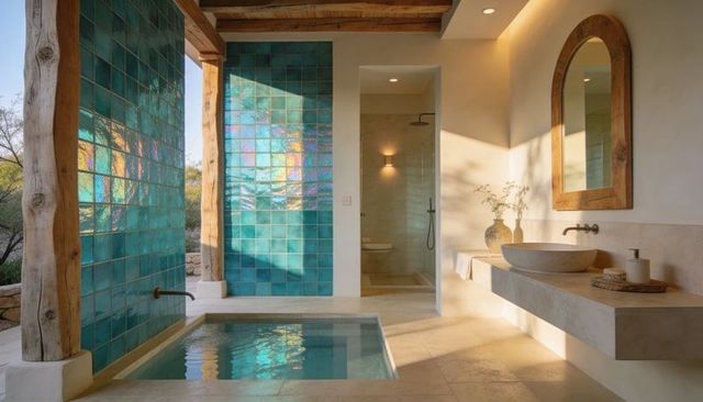 Sunlit desert spa featuring turquoise iridescent tile and minimalist plunge pool
