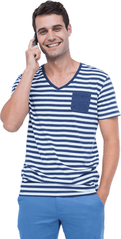 Smiling Man in Striped Shirt on Phone Transparent Background - Download Free Stock Videos Pikwizard.com