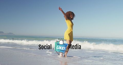 Joyful Woman Enjoying Beach Day with Social Media Overlay