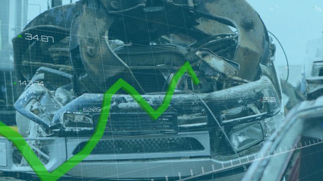 Conceptual videory showing financial graphs overlaying a car in a junkyard. This can be used in presentations and articles relating to fiscal impacts, economic analytics in waste management, technology's role in finance, and financial statistics.