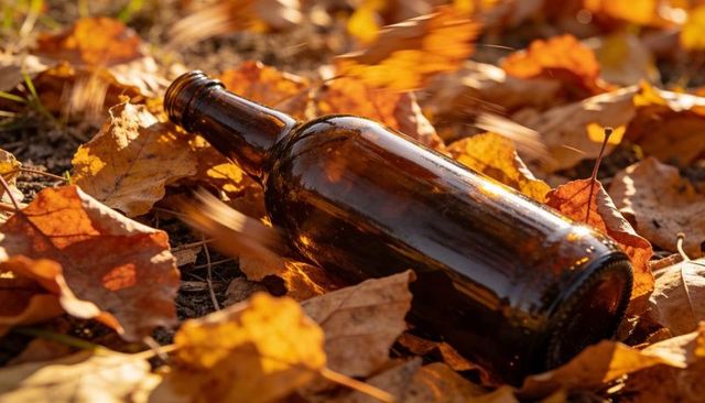 Amber glass bottle resting among sunlit autumn leaves on forest floor, autumn litter