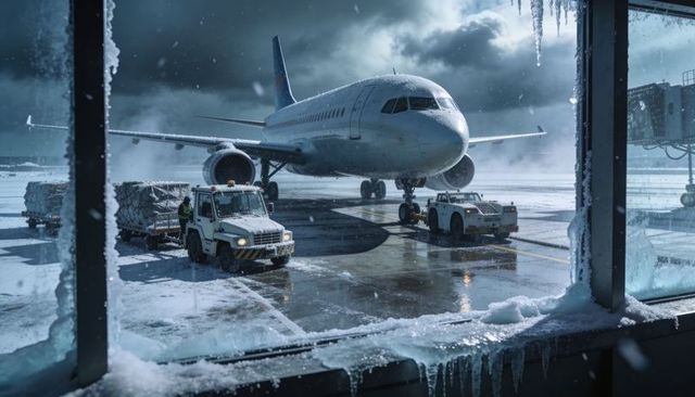 Icy airport ground crew loading cargo onto narrow-body jet at frosted gate