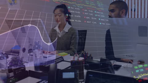 Financial Analysts in Modern Office with Data Overlays