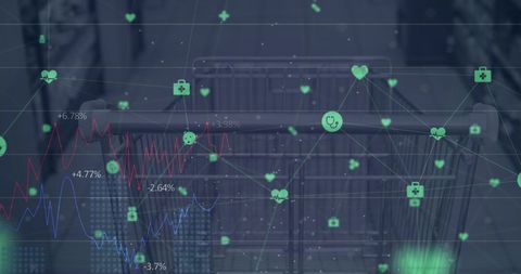 Health Analytics Dashboard Overlaying Supermarket Shopping Cart