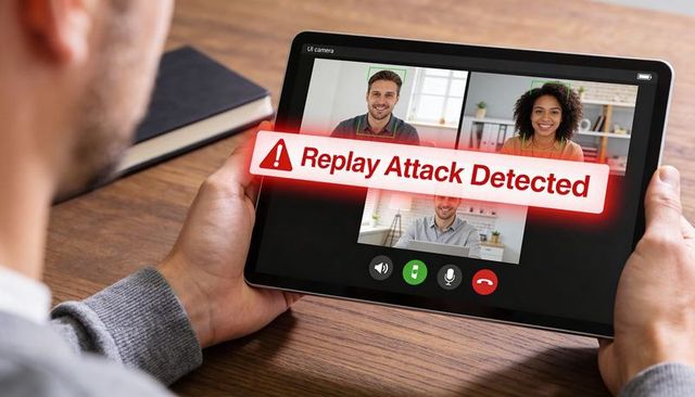 Tablet Showing Replay Attack Alert During Video Call Remote Meeting Cybersecurity Warning